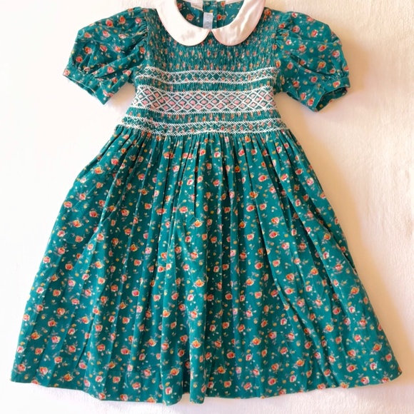 Vive La Fete Kids Teal Floral Corduroy Smocked Dress with Puffed Sleeves Size 5 - Picture 1 of 9